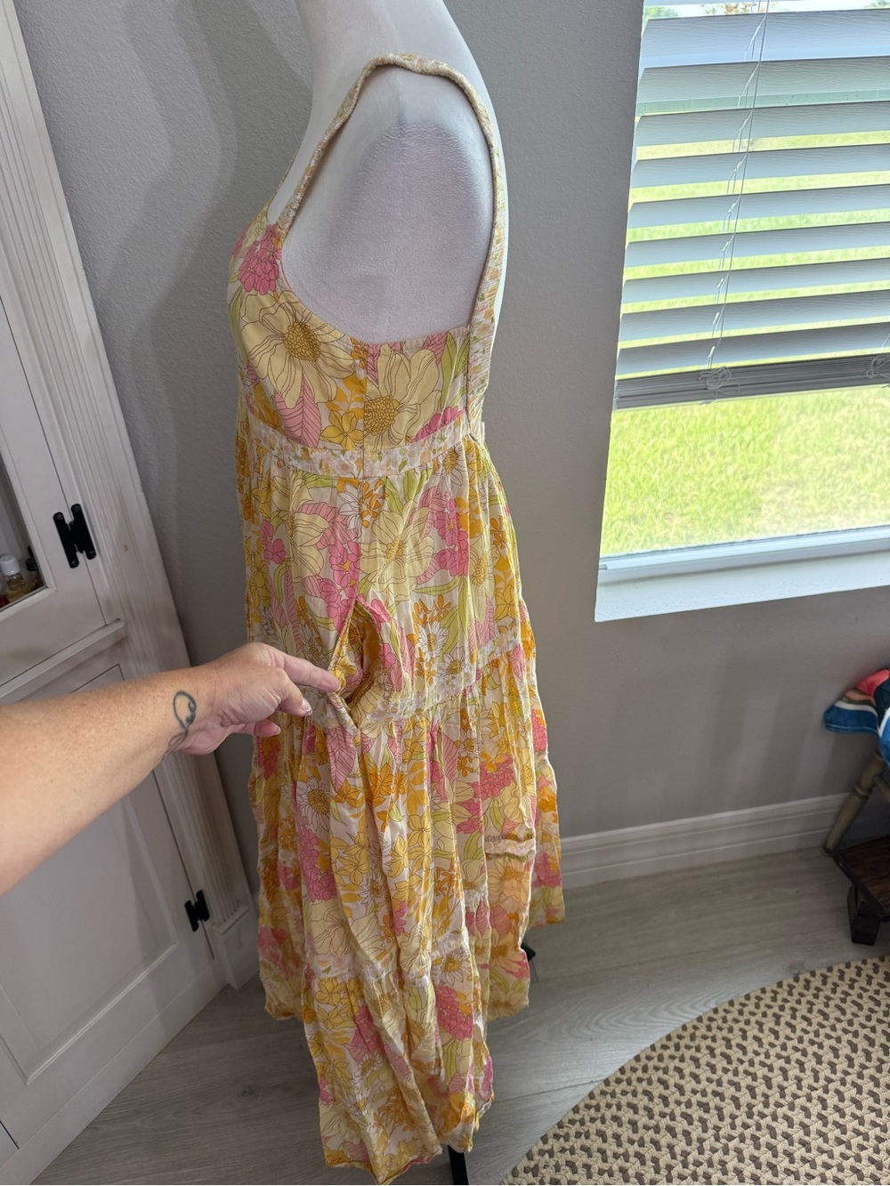 American Eagle Outfitters Yellow and Pink Floral Backless Tiered Sundress - Picture 2 of 6
